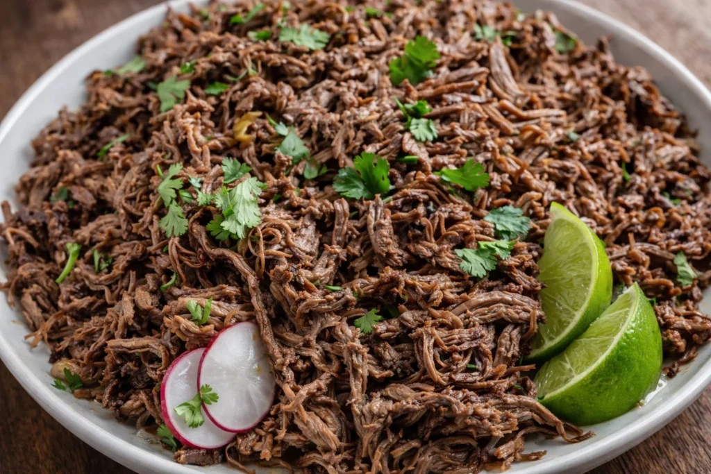 Delicious Beef Barbacoa served in a taco with fresh toppings