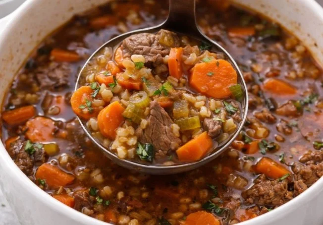 Delicious Beef Barley Soup cooking in a Crockpot