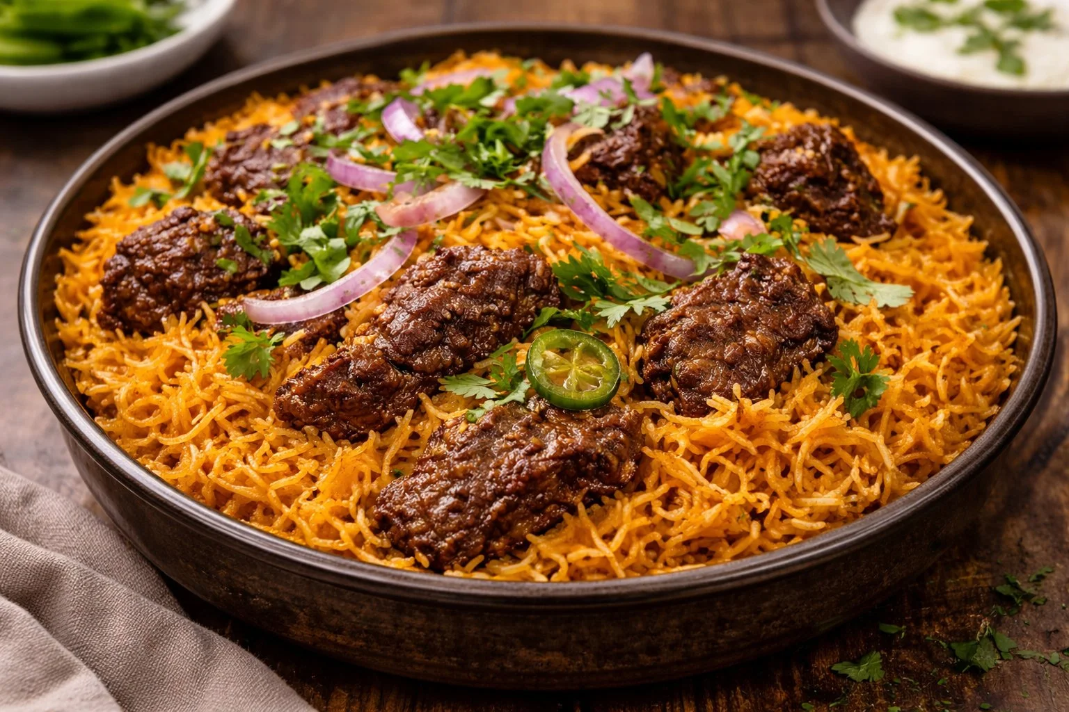 Delicious Beef Biryani served with aromatic spices and tender beef pieces.