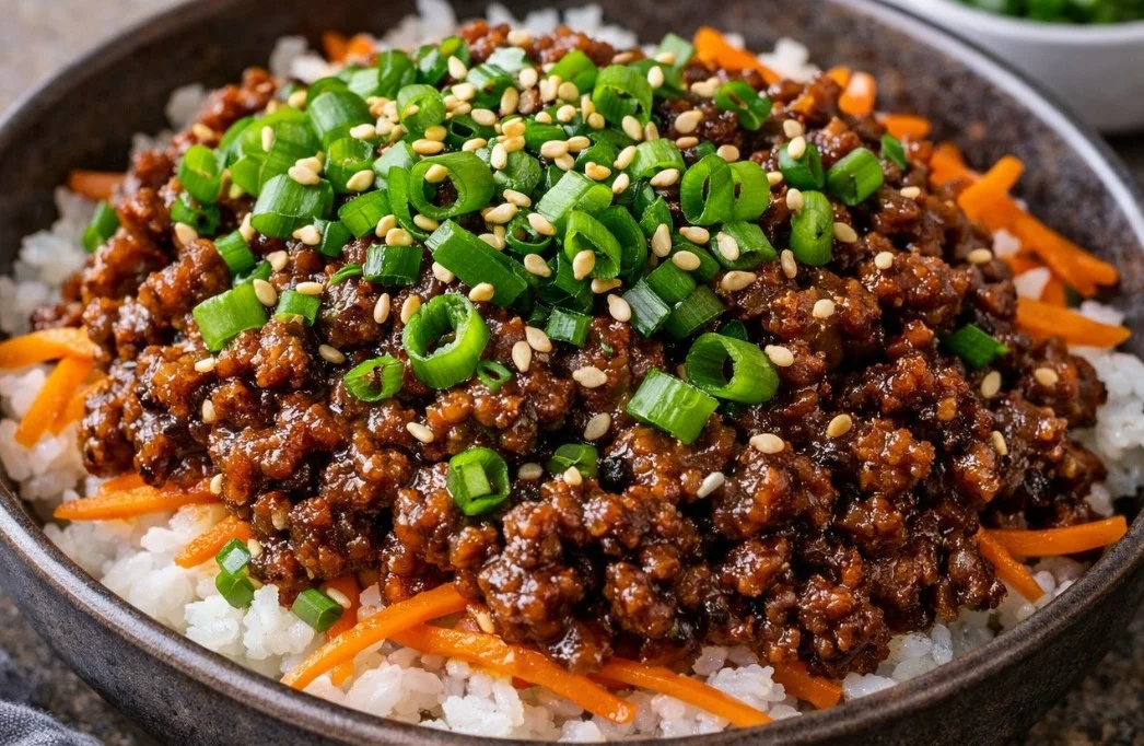 Delicious beef bowls with fresh vegetables and rice.