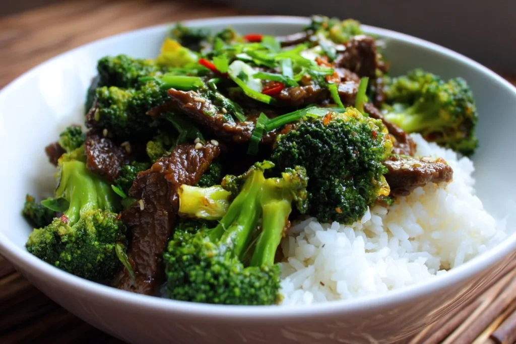 Stir-fried beef broccoli with vibrant greens in a savory sauce.