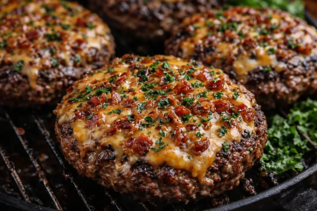 Delicious beef burger with toppings on a rustic wooden table.