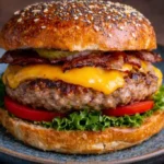 Delicious beef burger with fresh toppings on a rustic wooden table