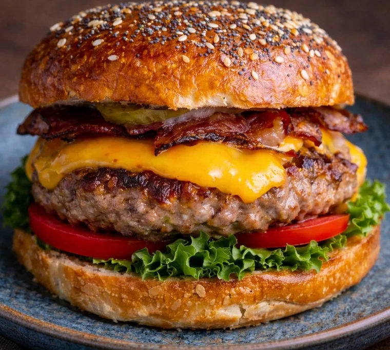 Delicious beef burger with fresh toppings on a rustic wooden table