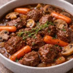 Delicious plate of Beef Burgundy with tender beef and vegetables in red wine sauce.