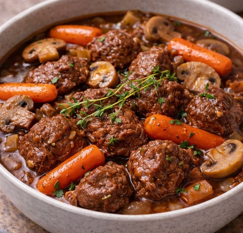 Delicious plate of Beef Burgundy with tender beef and vegetables in red wine sauce.