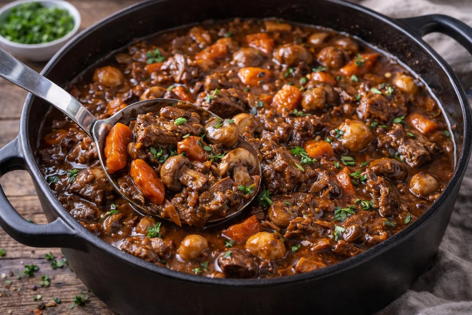 Delicious plate of Beef Burgundy garnished with herbs