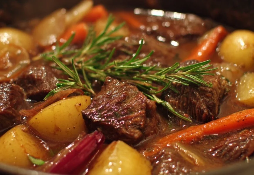 Delicious homemade beef casserole served in a rustic dish