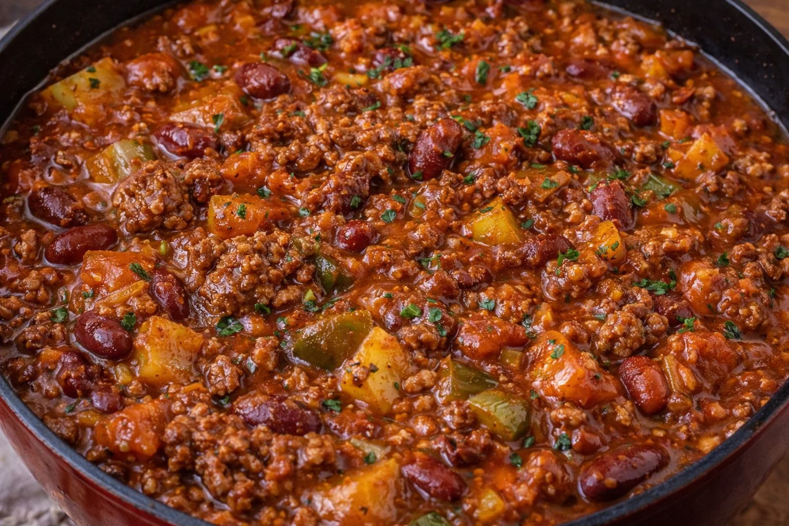 Delicious bowl of beef chili topped with cheese and cilantro