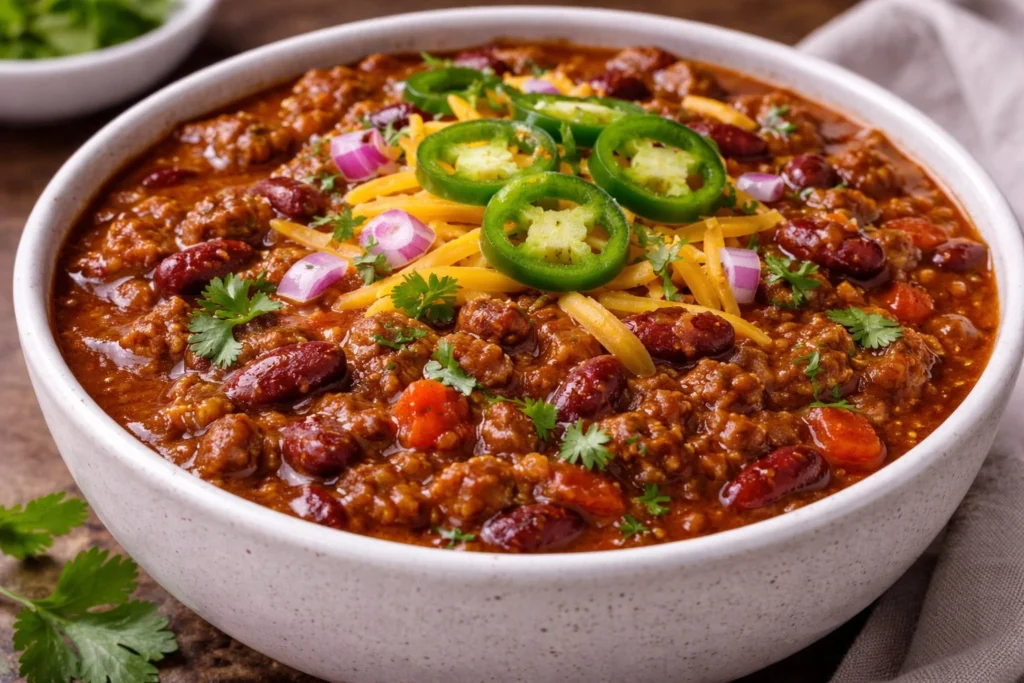 Delicious bowl of hearty beef chili with beans and spices