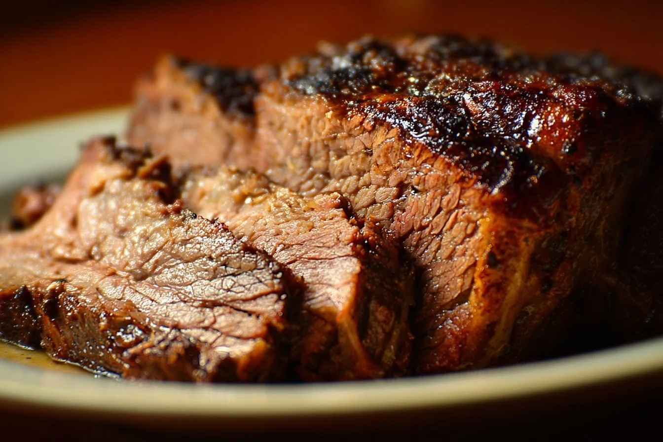 Delicious beef chuck roast ready to be served with vegetables.