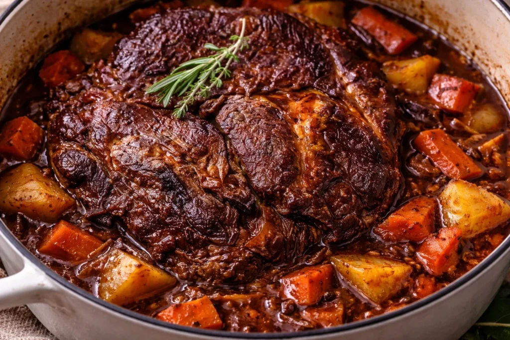 Deliciously cooked Beef Chuck Roast on a serving plate with vegetables