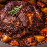 Deliciously cooked Beef Chuck Roast on a serving plate with vegetables