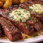 Cooked beef chuck steak on a wooden cutting board with herbs.