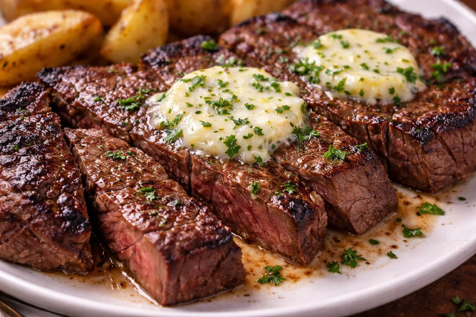 Cooked beef chuck steak on a wooden cutting board with herbs.