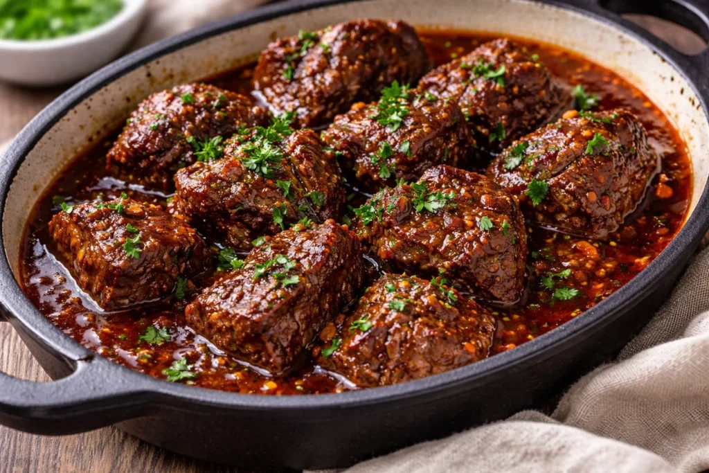 Delicious beef chunks stew simmering with vegetables and herbs