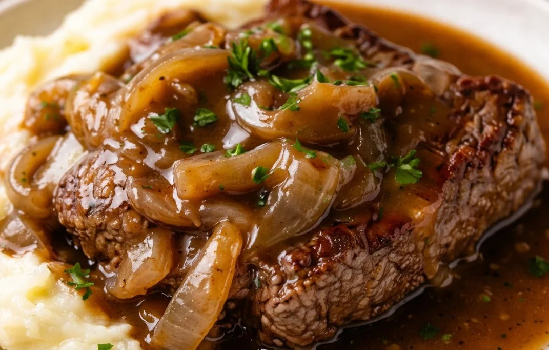 Juicy beef cube steak cooked with herbs and spices on a plate