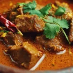 Delicious homemade beef curry served with rice in a bowl