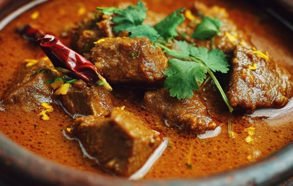 Delicious homemade beef curry served with rice in a bowl