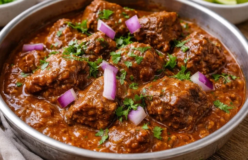 A delicious bowl of beef curry served with rice and herbs.