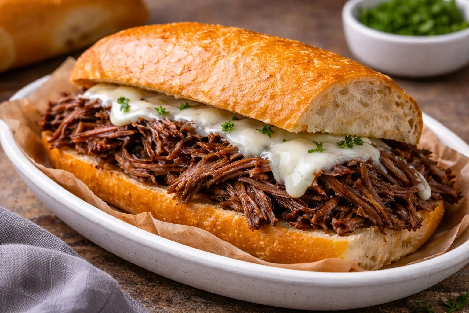 Delicious beef dip sandwich served with flavorful dipping sauce.