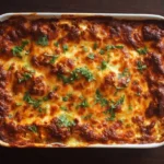 Delicious beef enchilada casserole topped with cheese and fresh ingredients