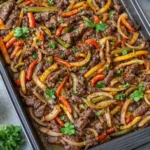 Delicious beef fajitas served with bell peppers and onions in a warm tortilla