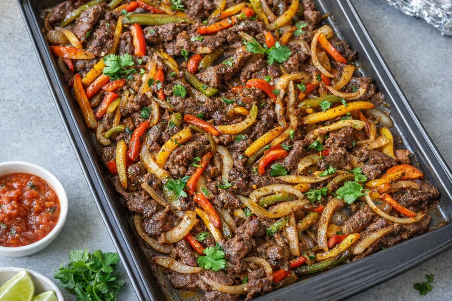 Delicious beef fajitas served with bell peppers and onions in a warm tortilla