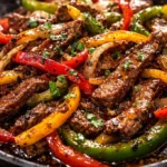 Delicious Beef Fajitas served with peppers and onions