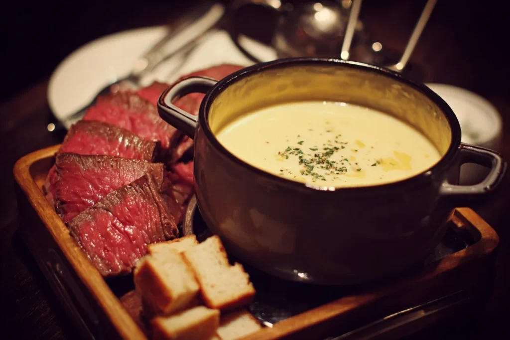 A delicious beef fondue served with fresh vegetables and sauces
