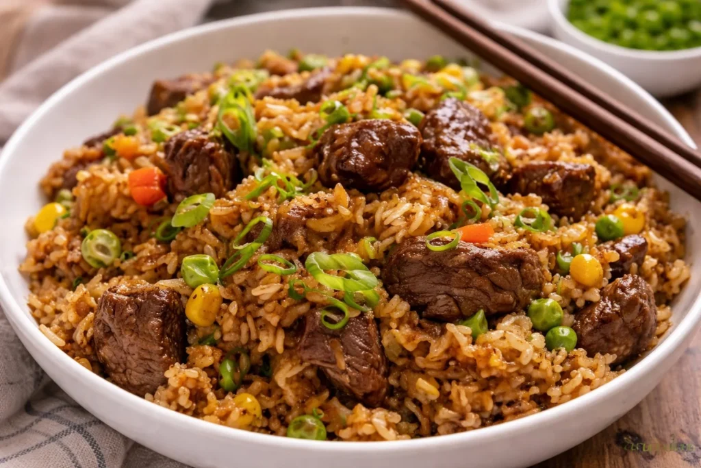 A vibrant plate of beef fried rice garnished with vegetables and herbs.