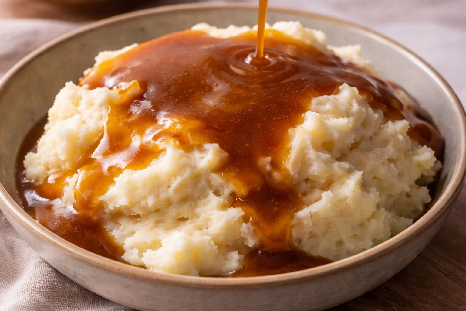 Homemade Beef Gravy poured over mashed potatoes