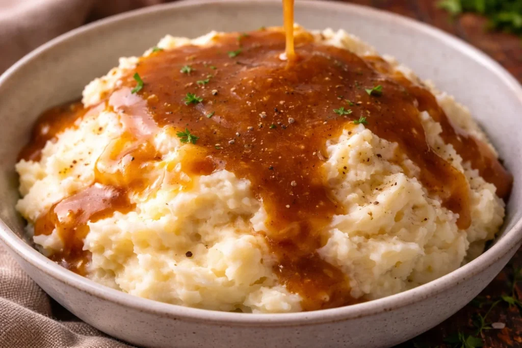 Homemade beef gravy served over mashed potatoes
