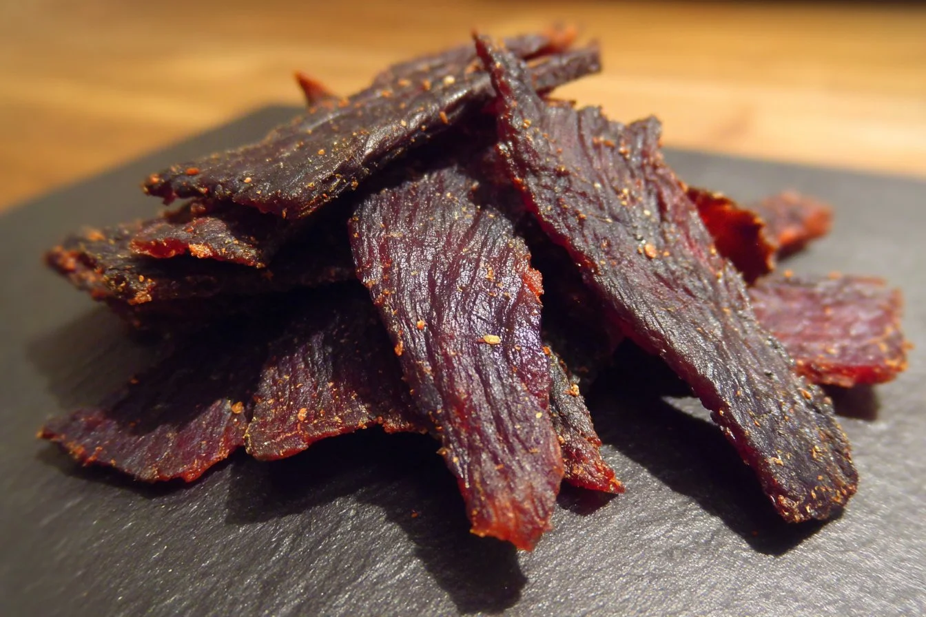 Delicious beef jerky in various flavors on a wooden table
