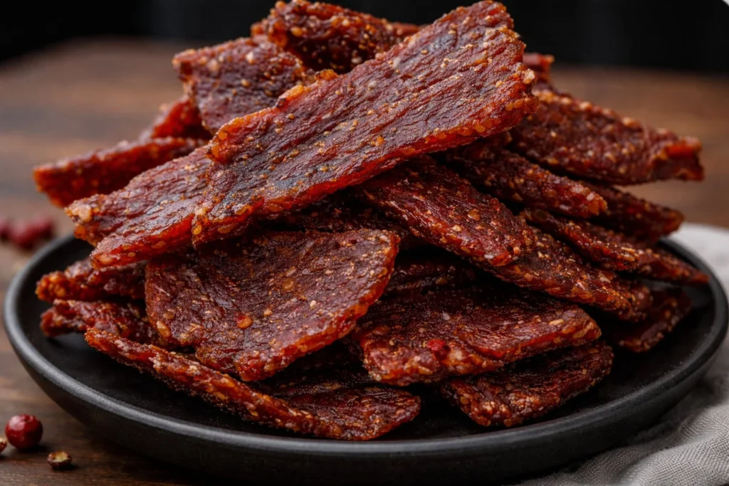 Savory beef jerky snacks in a rustic wooden bowl.