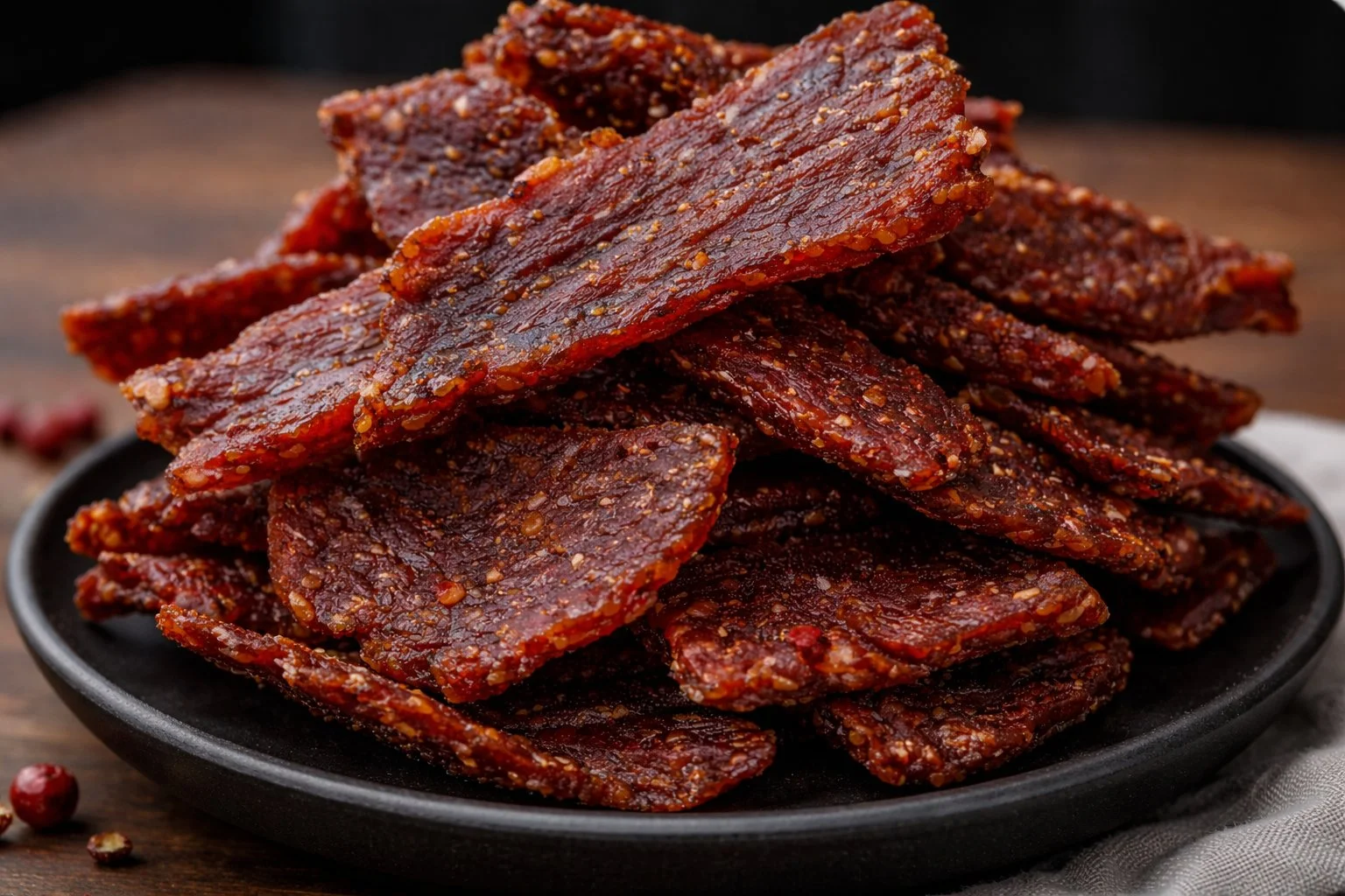 Savory beef jerky snacks in a rustic wooden bowl.