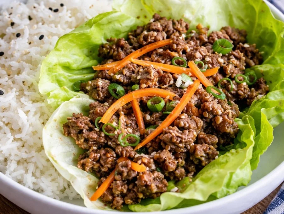 Plate of flavorful beef lettuce wraps topped with fresh vegetables