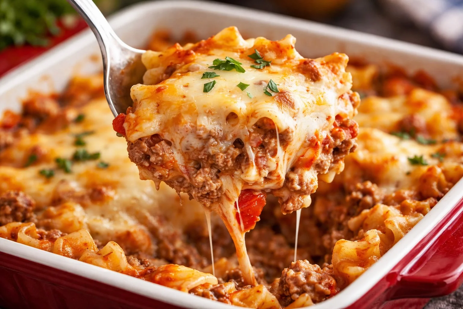 Delicious Beef Lombardi casserole served in a baking dish