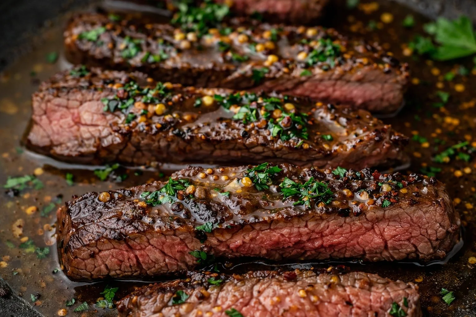 Delicious beef marinade in a glass bowl with fresh herbs and spices.