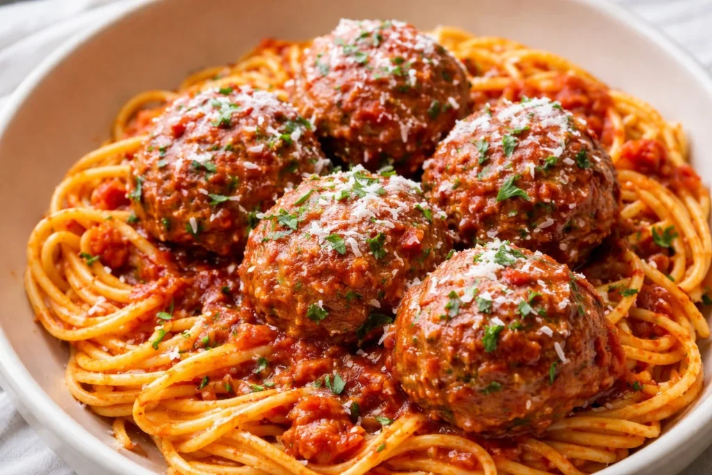 Delicious homemade beef meatballs served with sauce and pasta