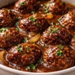 Plate of savory homemade beef meatballs served with sauce and herbs