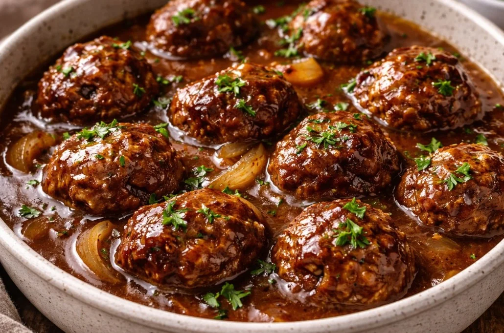 Plate of savory homemade beef meatballs served with sauce and herbs