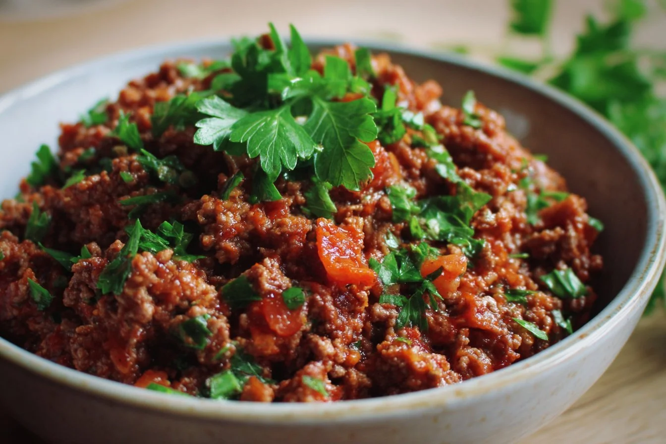 A savory dish made with beef mince, herbs, and vegetables in a skillet.