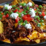 Delicious beef nachos topped with cheese and fresh ingredients