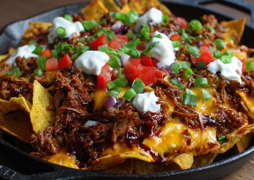 Delicious beef nachos topped with cheese and fresh ingredients
