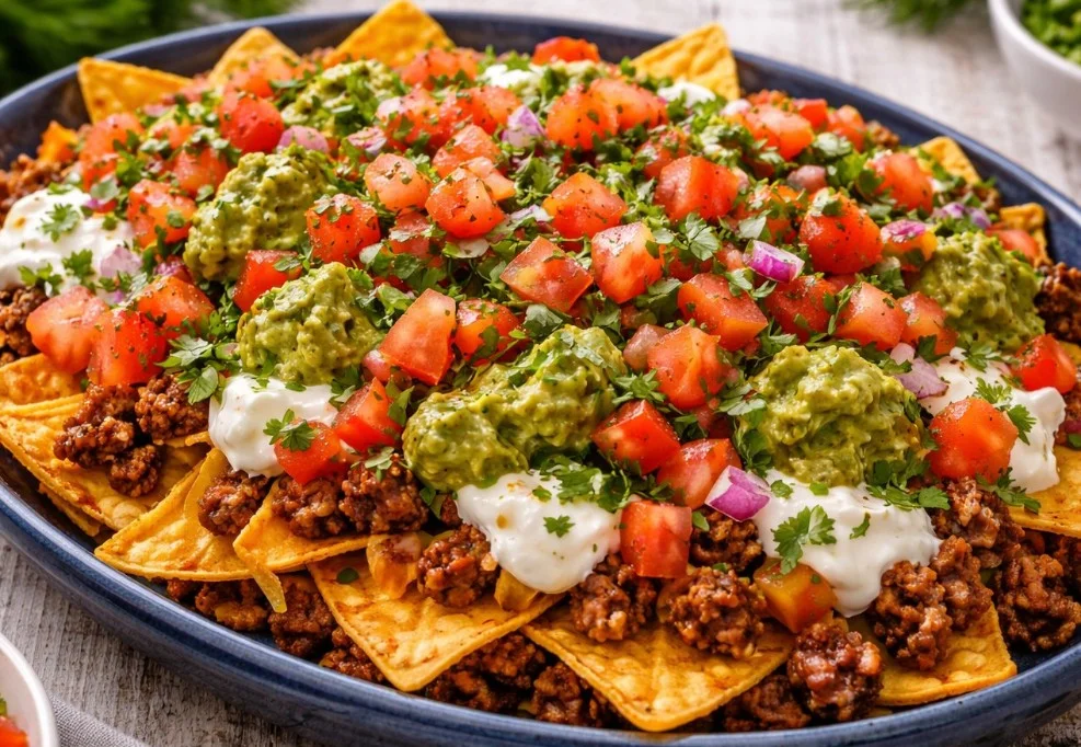 Delicious beef nachos topped with cheese and fresh ingredients