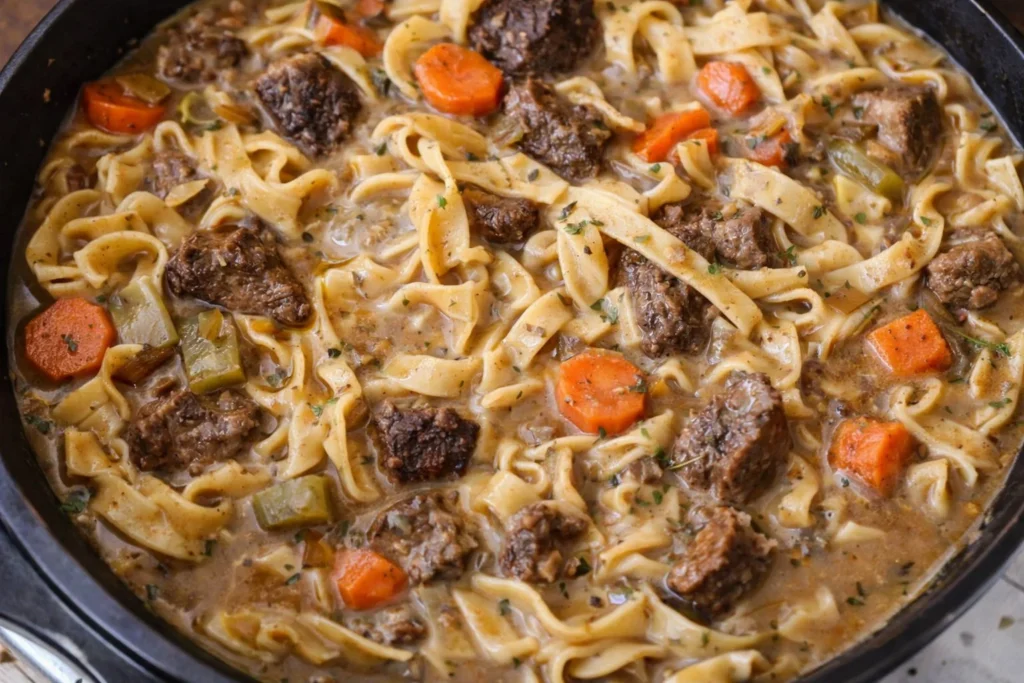 Delicious bowl of beef noodle soup with fresh herbs and noodles