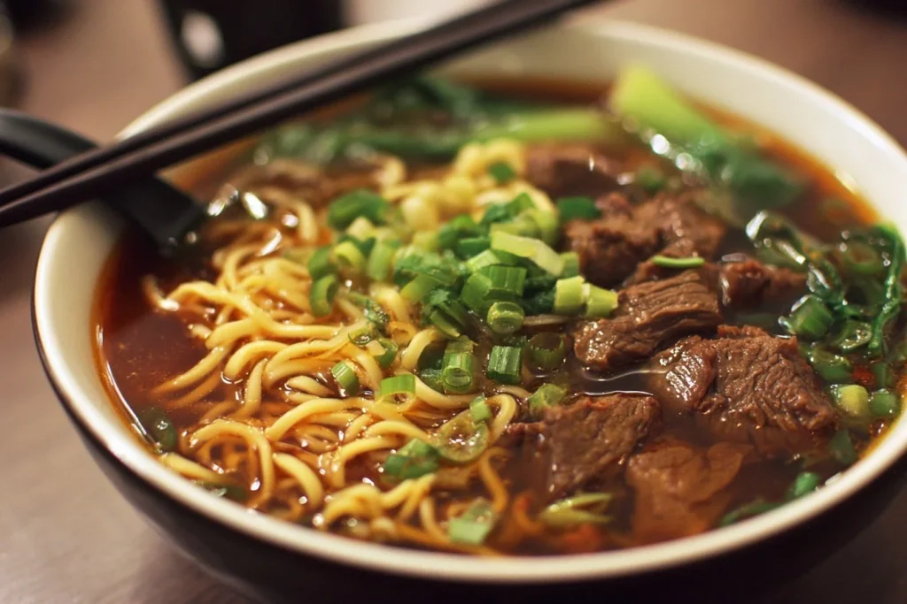 Delicious beef noodles served in a savory broth with herbs and spices