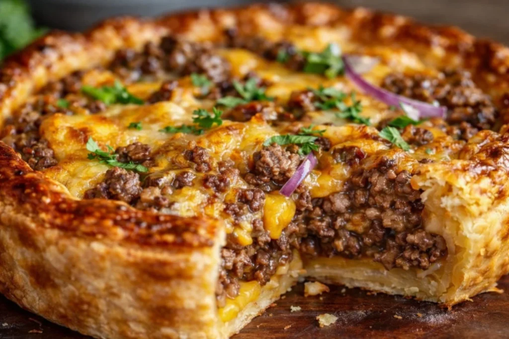 Homemade beef pie with flaky crust and savory filling