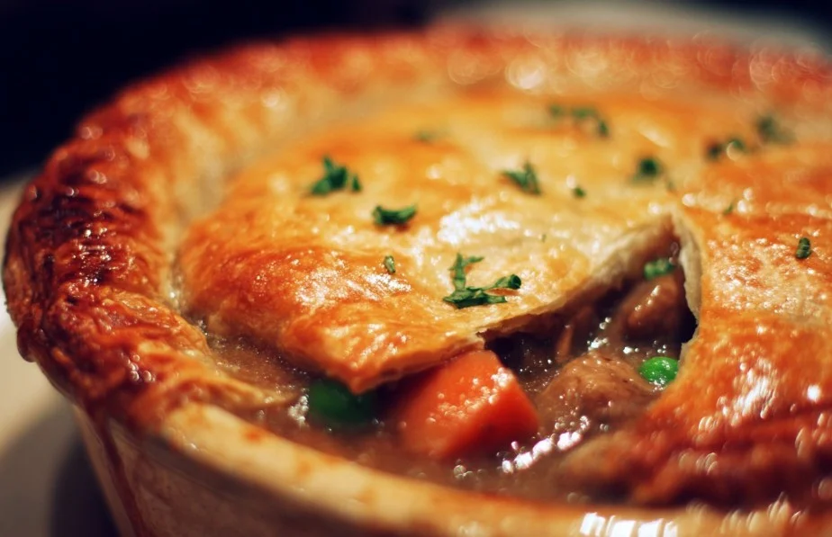 Homemade beef pot pie with flaky crust and savory filling